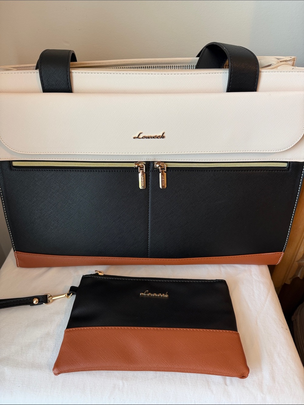 Women’s Two-Tone Leather Tote in Black, Cream & Tan